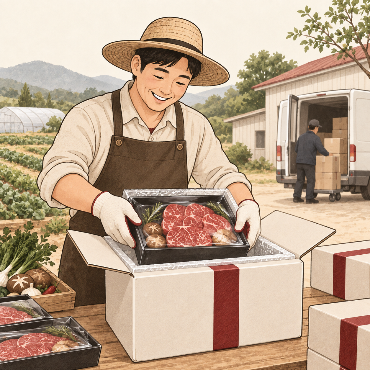 농가에서 한식 밀키트를 포장하고 배송 차량에 싣는 일러스트