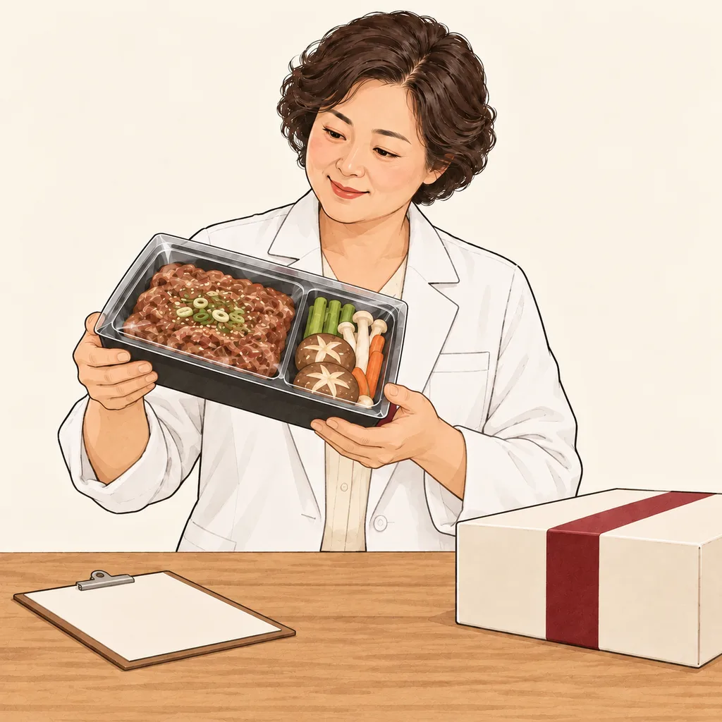 흰 가운을 입은 영양사가 포장된 밀키트의 품질을 살펴보는 일러스트