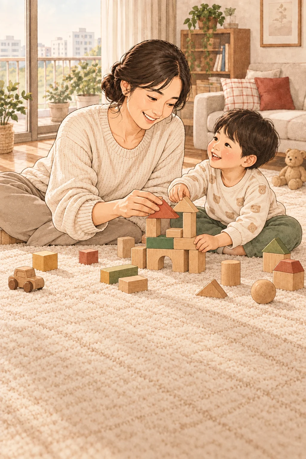 집에서 아이와 함께 블록 놀이를 하는 모습