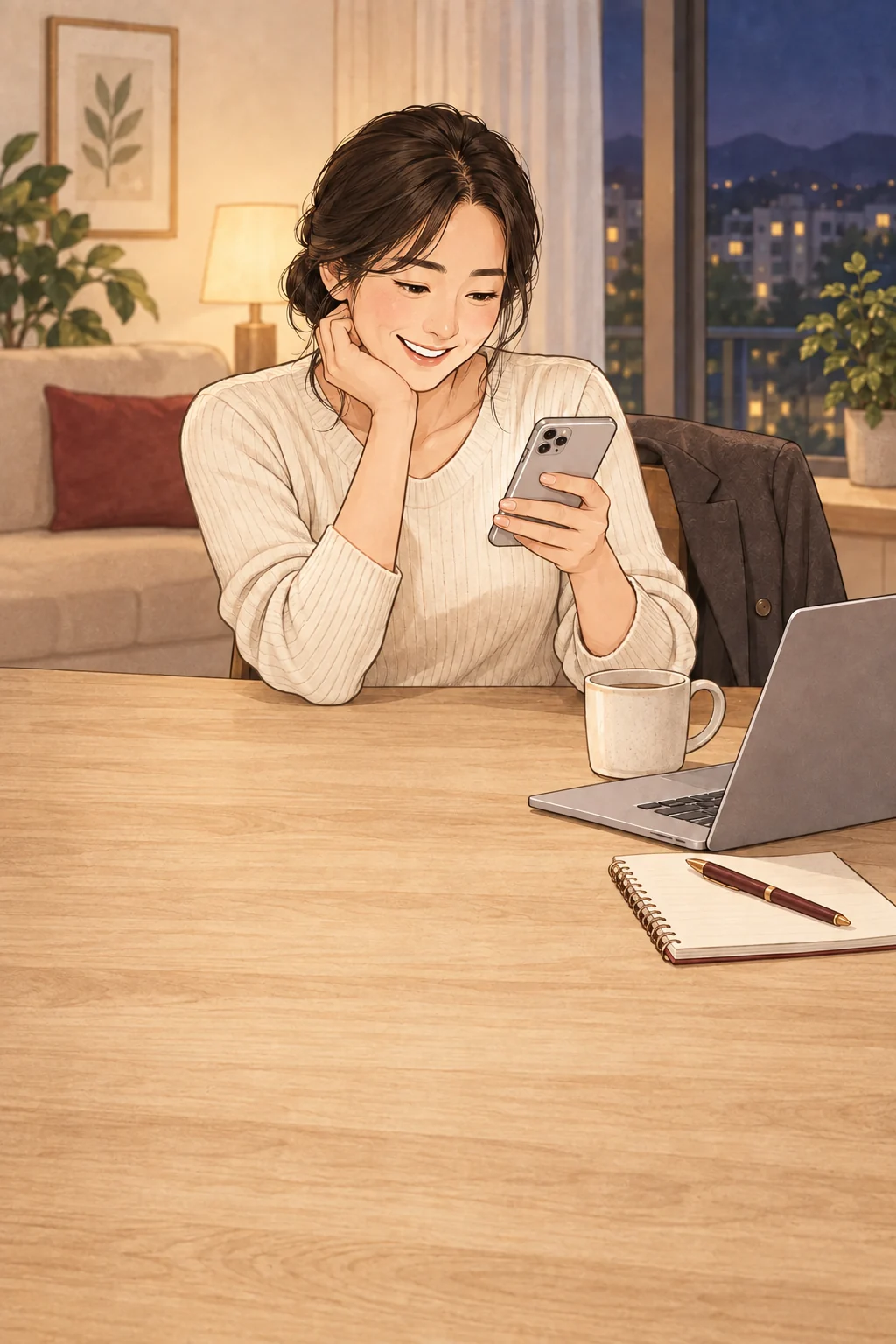 퇴근 후 집에서 휴대전화로 아지트 주문을 살피는 모습