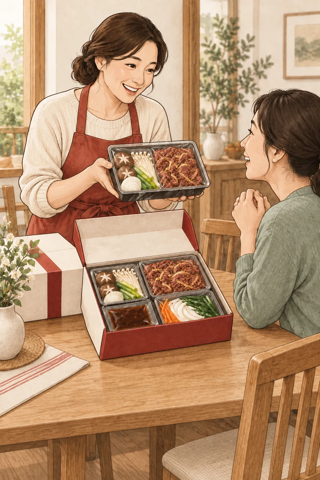 이웃에게 엄선된 한식 밀키트를 소개하는 모습