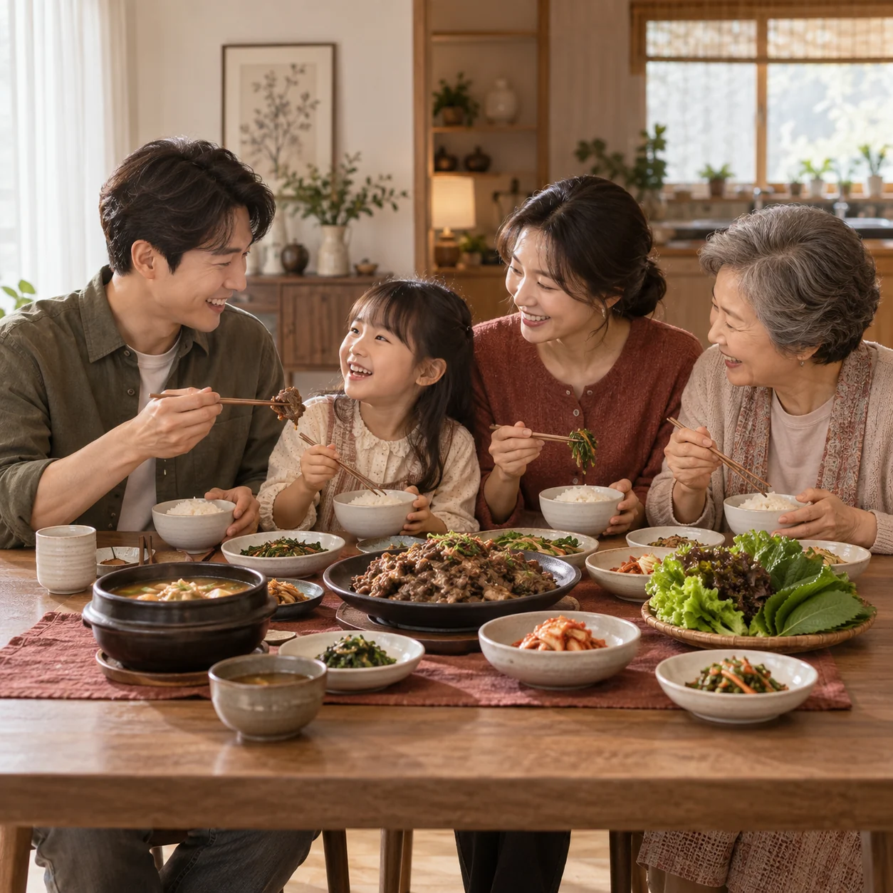 가족이 식탁에 둘러앉아 한식 저녁을 함께 먹는 모습